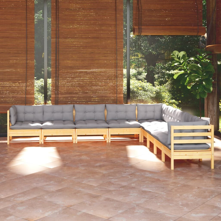 vidaXL 9-delige Loungeset met grijze kussens massief grenenhout afbeelding 1