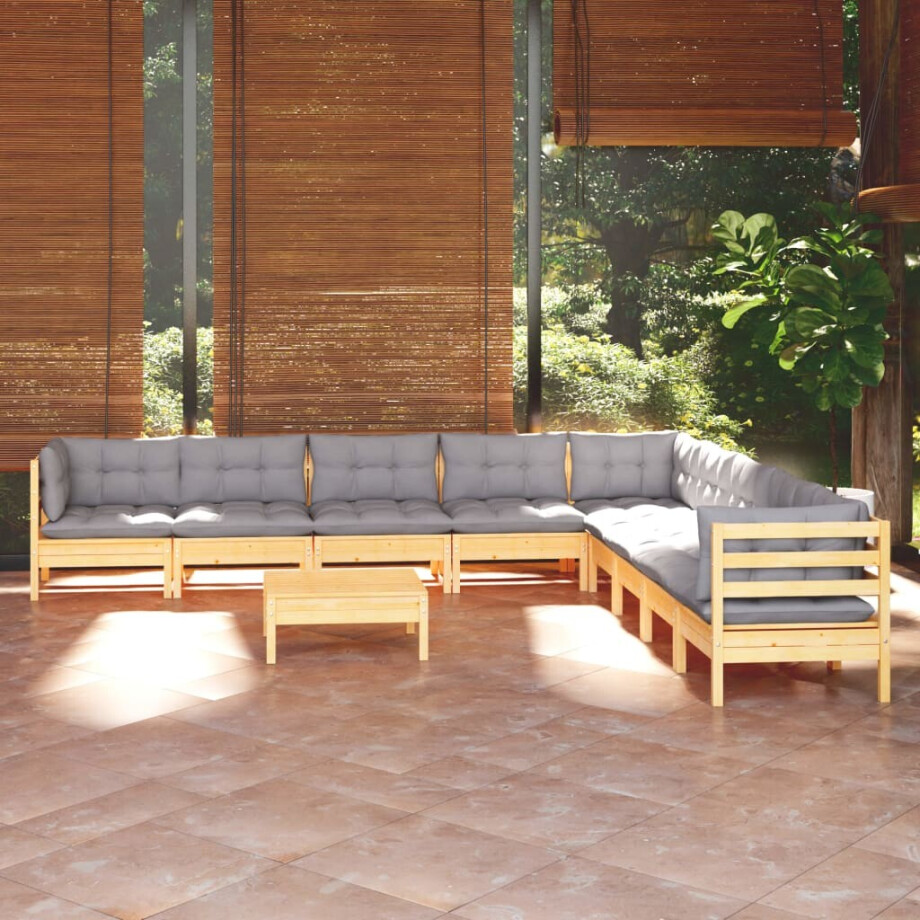vidaXL 10-delige Loungeset met grijze kussens massief grenenhout afbeelding 1