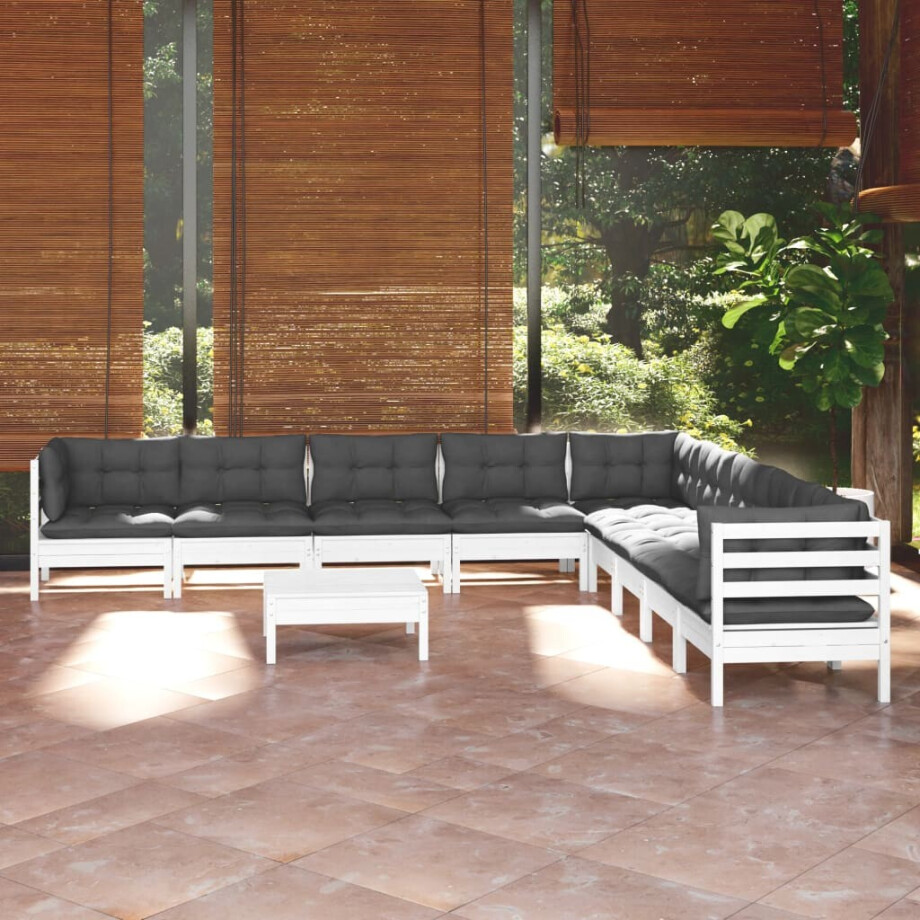 vidaXL 10-delige Loungeset met kussens massief grenenhout wit afbeelding 1