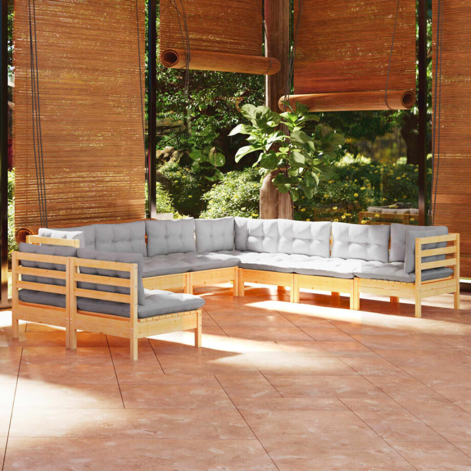 vidaXL 9-delige Loungeset met grijze kussens massief grenenhout afbeelding 1