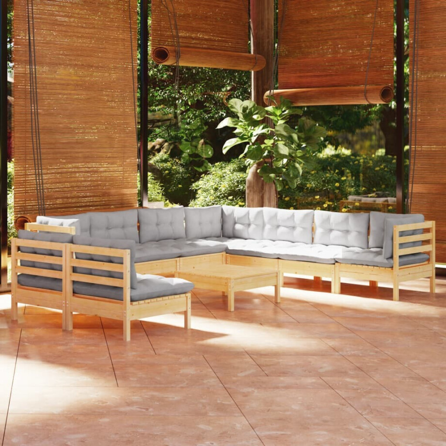 vidaXL 10-delige Loungeset met grijze kussens massief grenenhout afbeelding 1