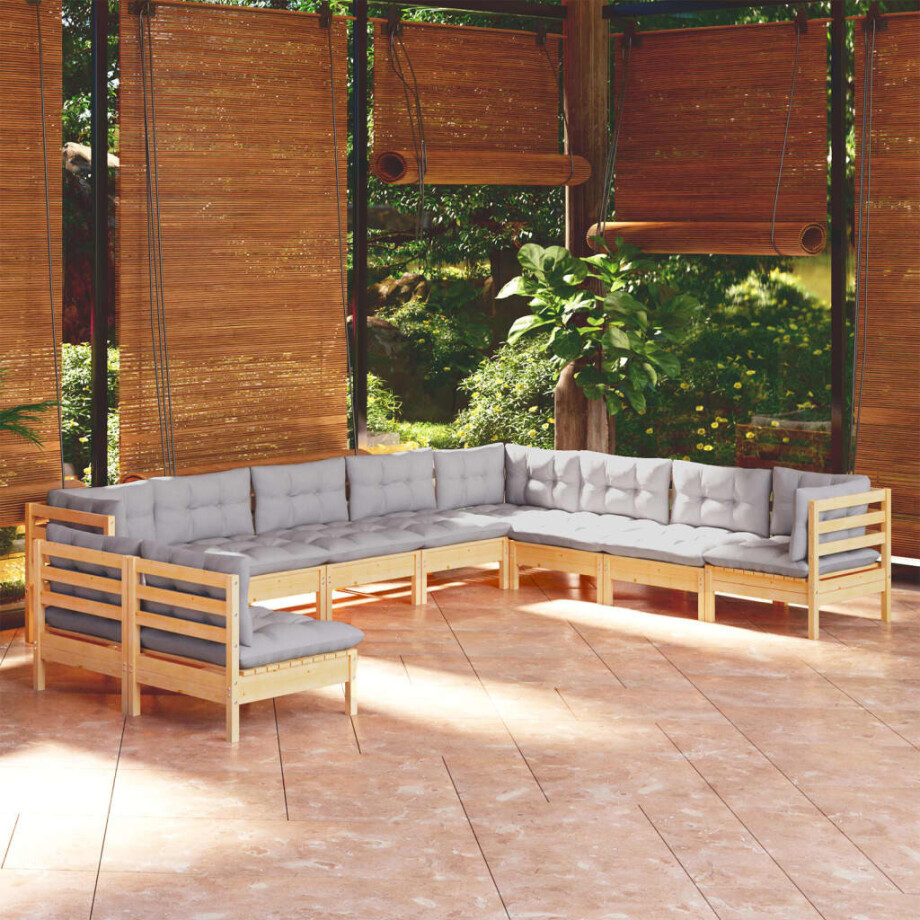 vidaXL 10-delige Loungeset met grijze kussens massief grenenhout afbeelding 1
