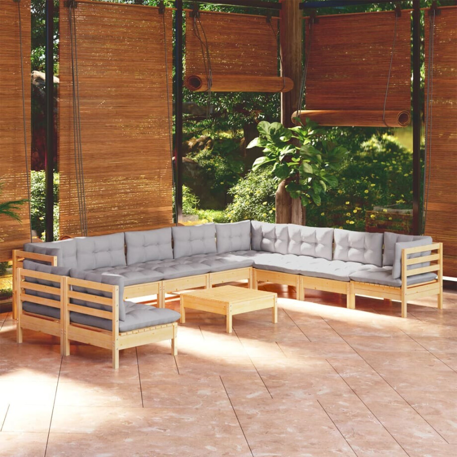 vidaXL 11-delige Loungeset met grijze kussens massief grenenhout vidaXL 11-delige Loungeset met grijze kussens massief grenenhout afbeelding 1