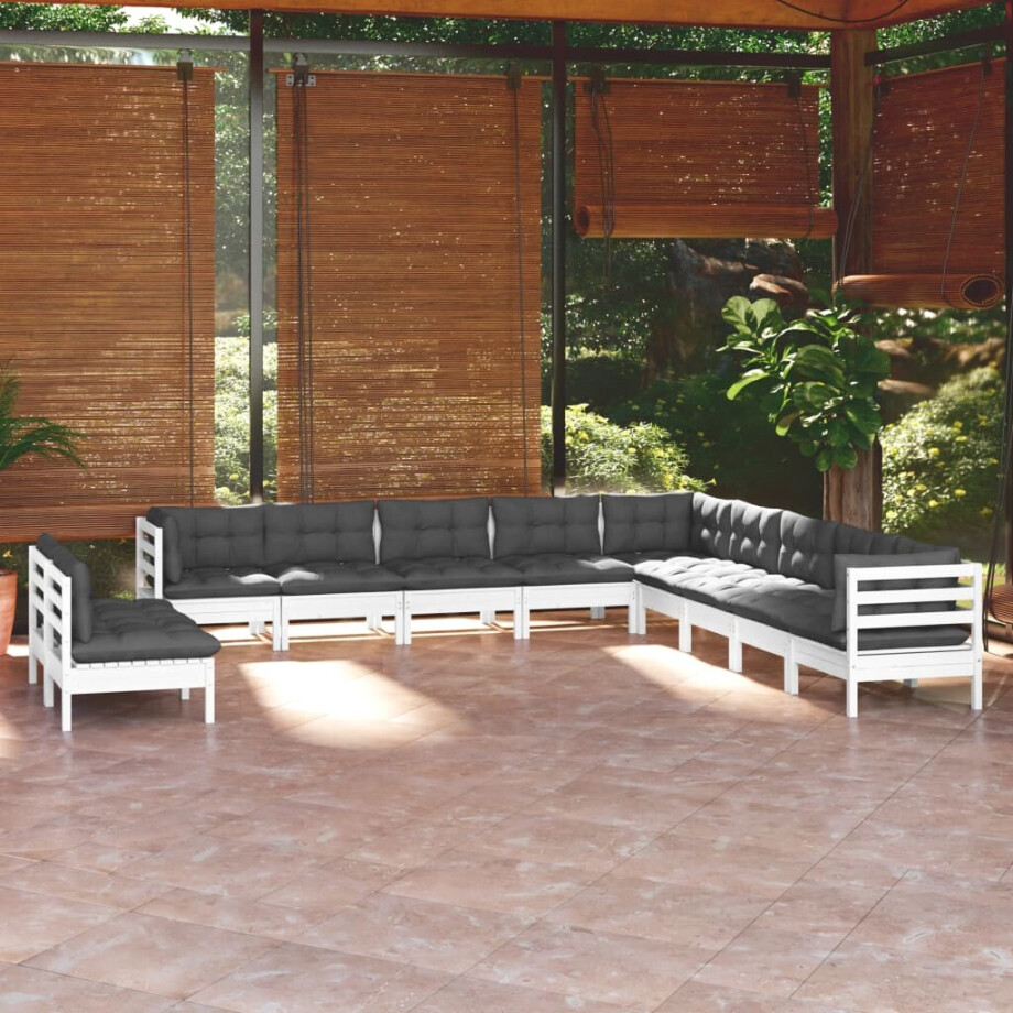 vidaXL 11-delige Loungeset met kussens massief grenenhout wit afbeelding 1