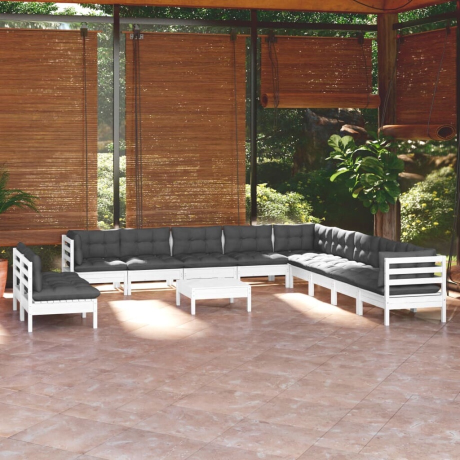 vidaXL 12-delige Loungeset met kussens massief grenenhout wit afbeelding 1