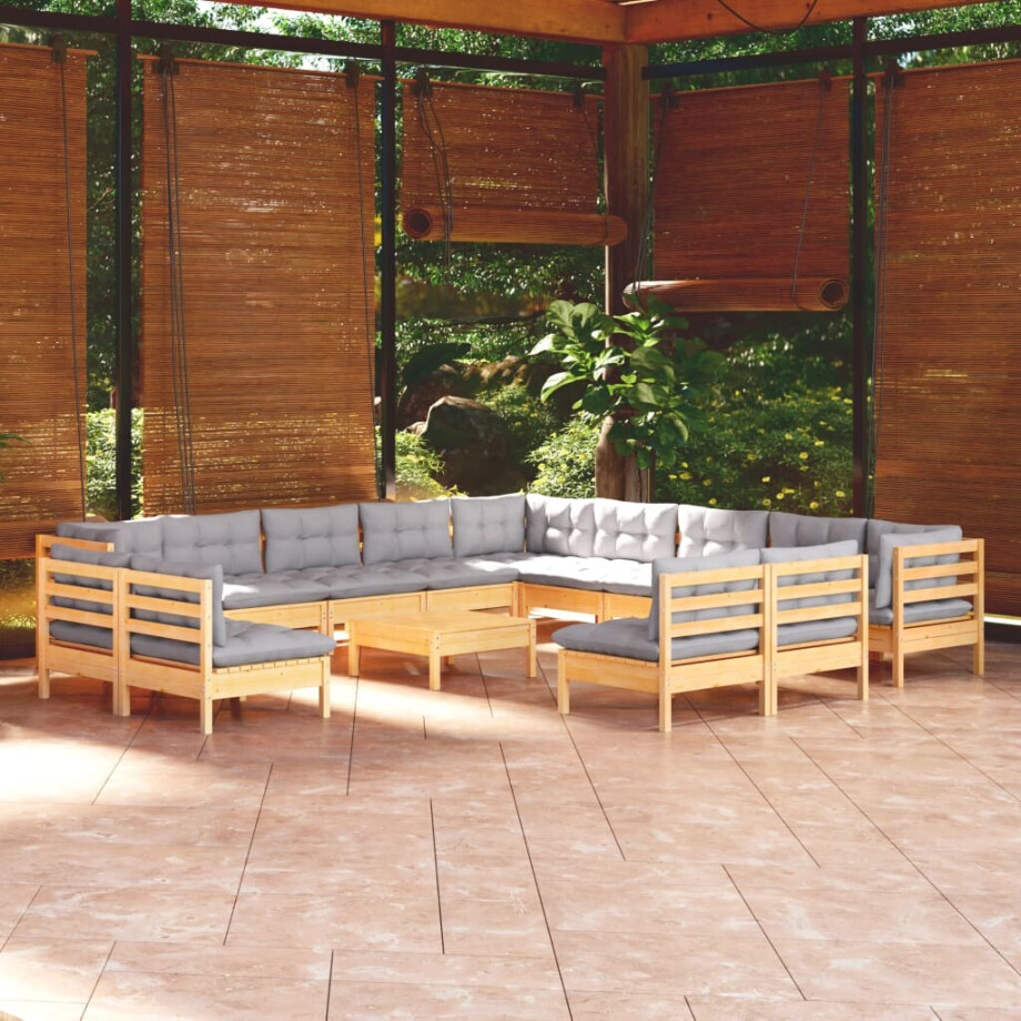 vidaXL 14-delige Loungeset met grijze kussens massief grenenhout afbeelding 1