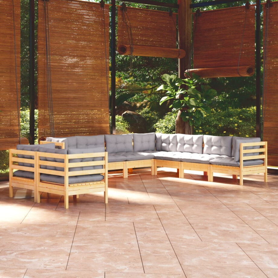 vidaXL 9-delige Loungeset met grijze kussens massief grenenhout afbeelding 1
