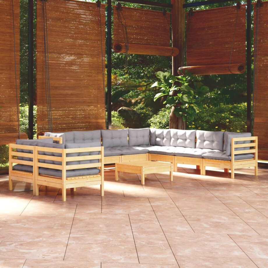 vidaXL 10-delige Loungeset met grijze kussens massief grenenhout vidaXL 10-delige Loungeset met grijze kussens massief grenenhout afbeelding 1