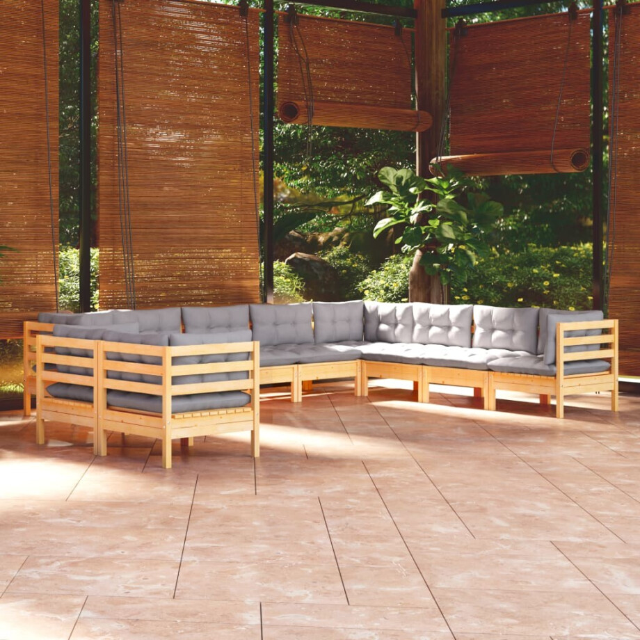 vidaXL 10-delige Loungeset met grijze kussens massief grenenhout afbeelding 1