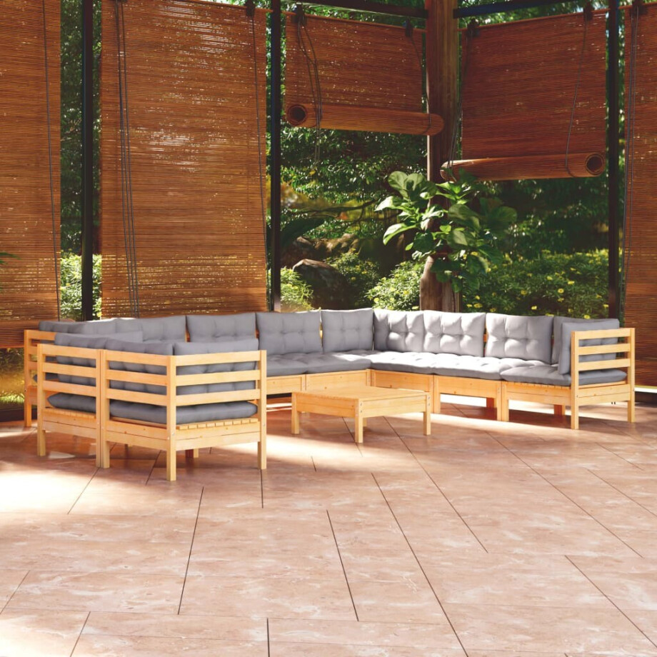 vidaXL 11-delige Loungeset met grijze kussens massief grenenhout afbeelding 1