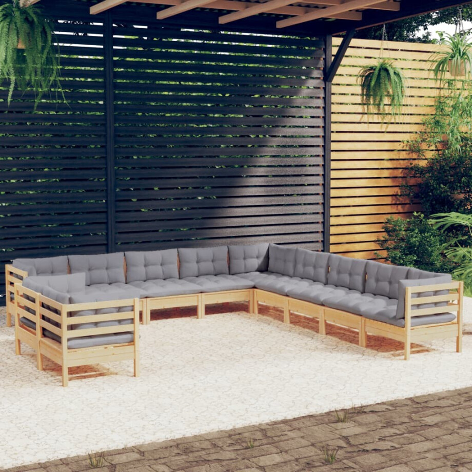 vidaXL 11-delige Loungeset met grijze kussens massief grenenhout afbeelding 1