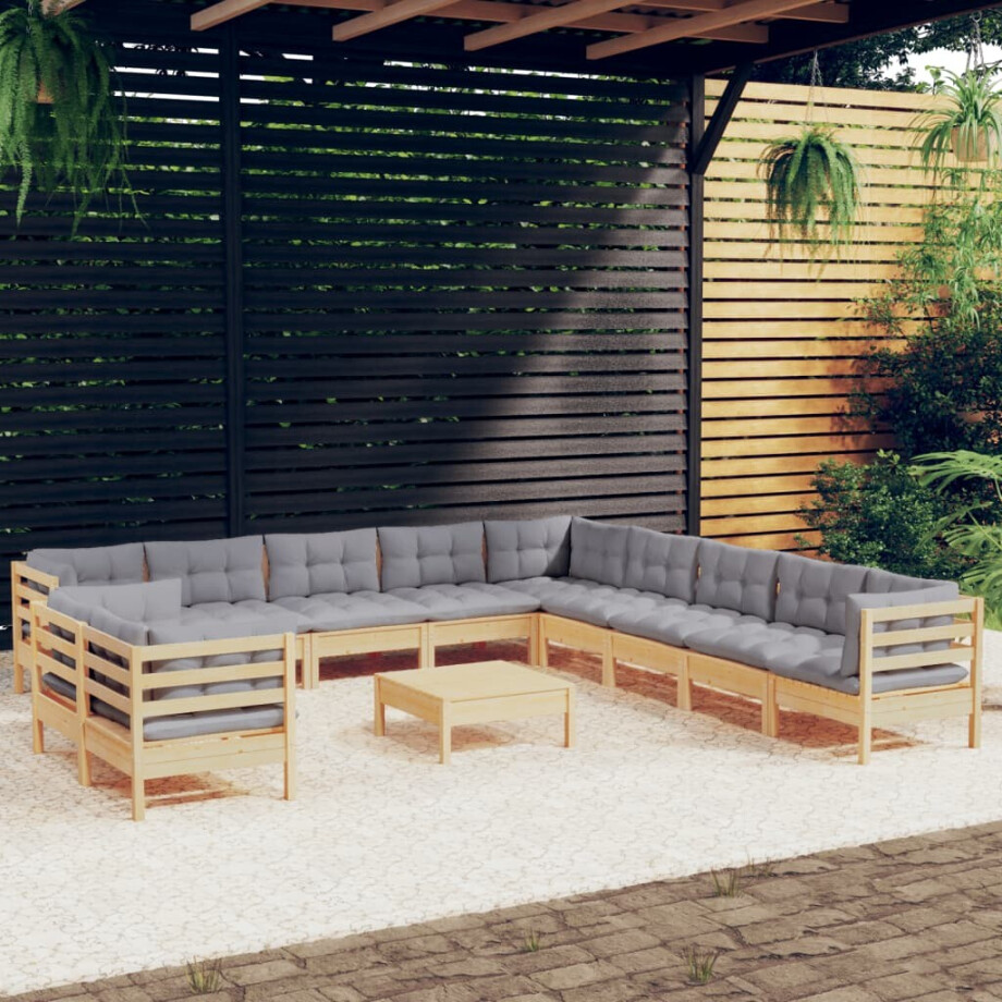 vidaXL 12-delige Loungeset met grijze kussens massief grenenhout afbeelding 1