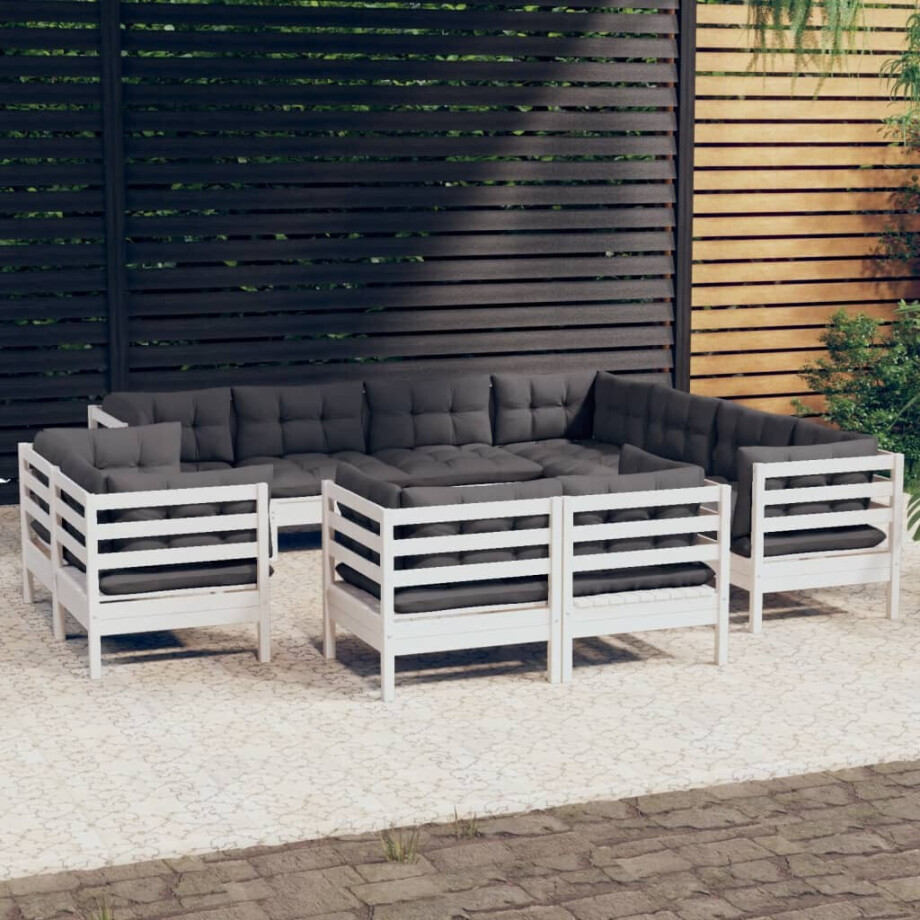 vidaXL 11-delige Loungeset met kussens massief grenenhout wit afbeelding 1