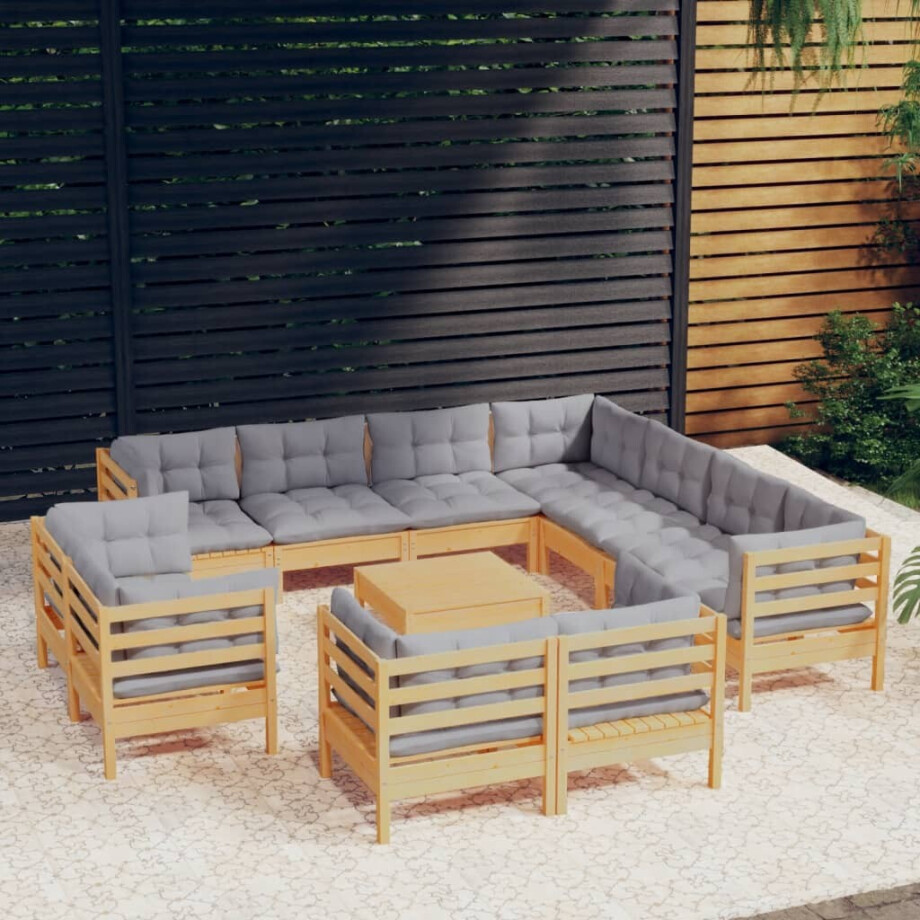 vidaXL 12-delige Loungeset met grijze kussens massief grenenhout afbeelding 1