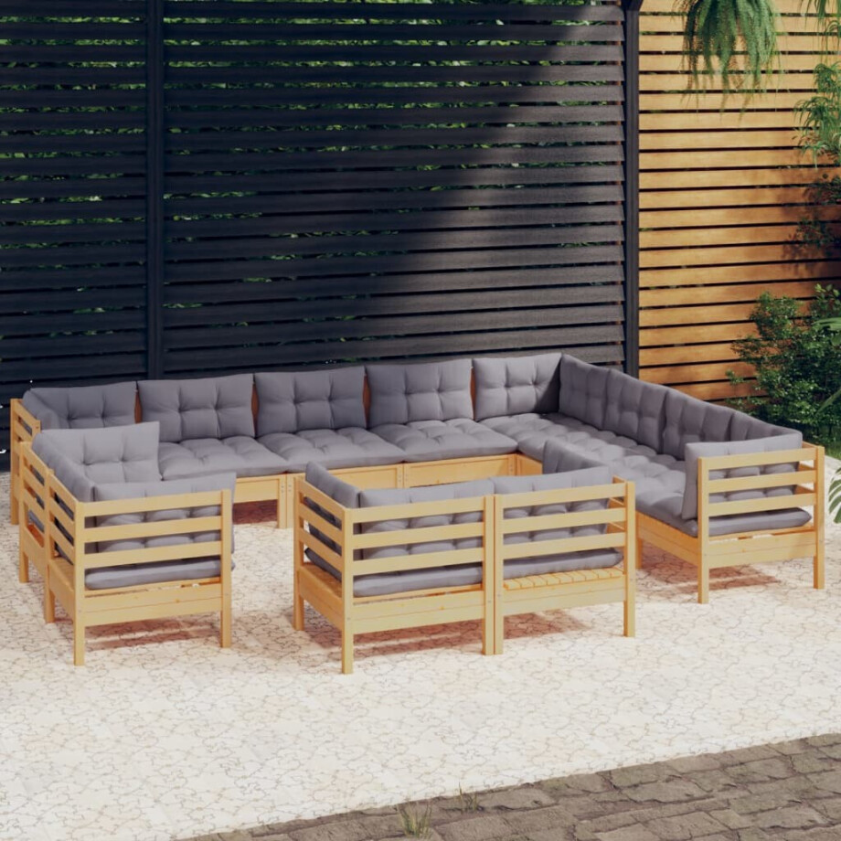 vidaXL 12-delige Loungeset met grijze kussens massief grenenhout afbeelding 1