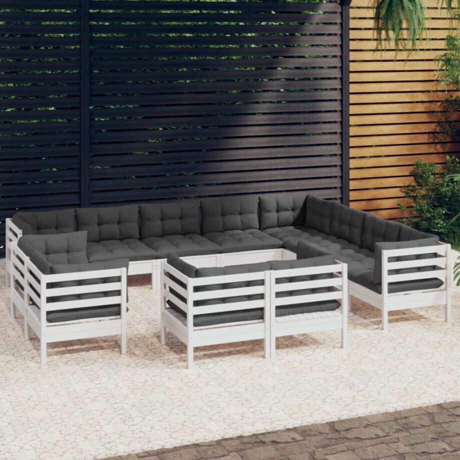 vidaXL 12-delige Loungeset met kussens massief grenenhout wit afbeelding 1