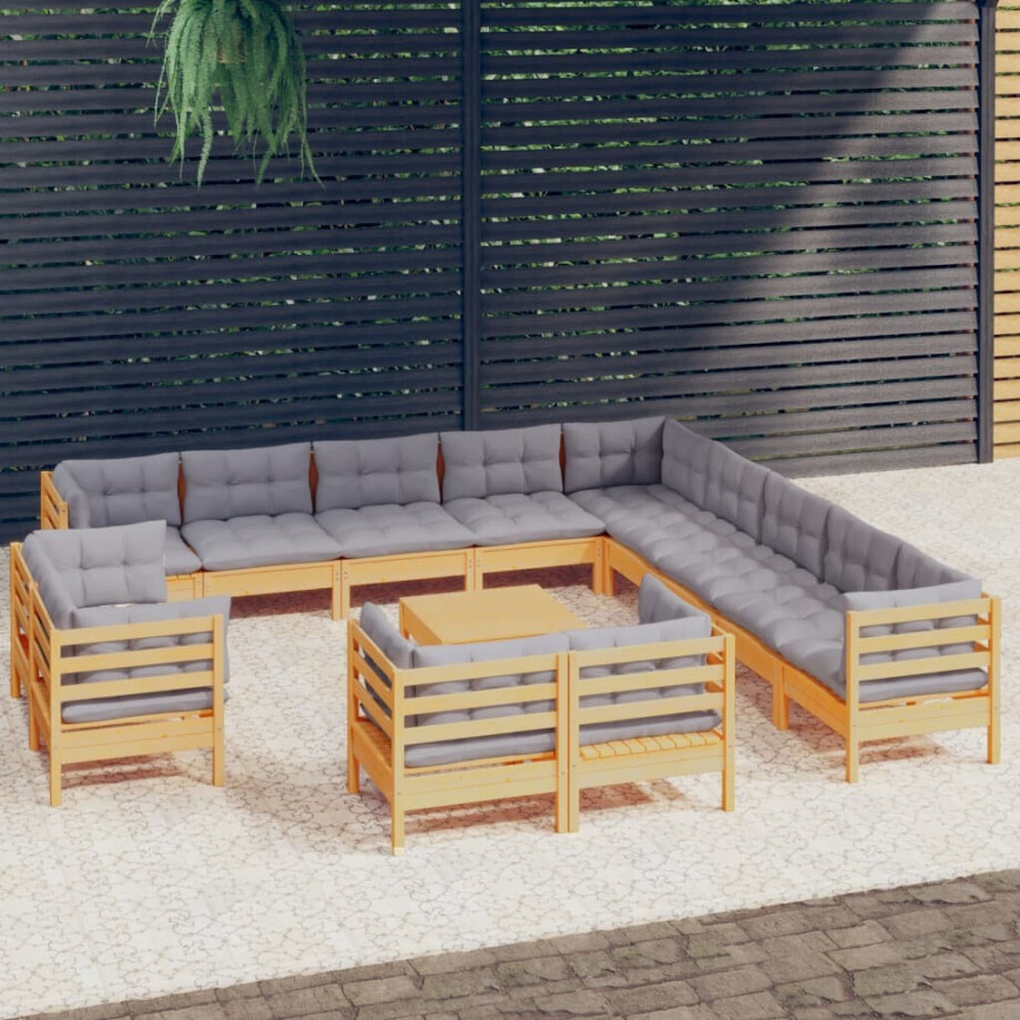 vidaXL 14-delige Loungeset met grijze kussens massief grenenhout afbeelding 1