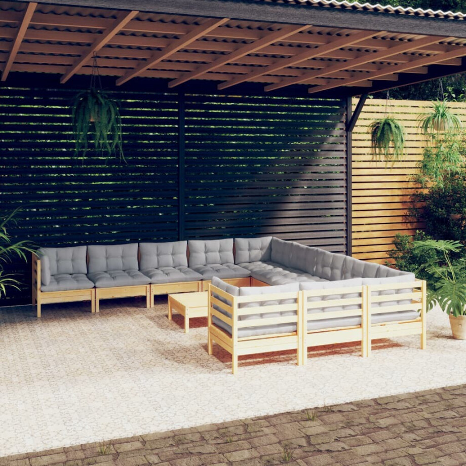 vidaXL 12-delige Loungeset met grijze kussens massief grenenhout afbeelding 1