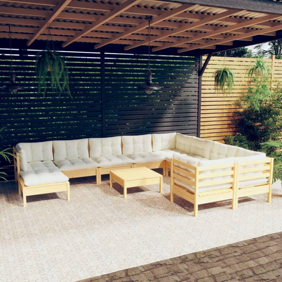 vidaXL 11-delige Loungeset met crèmekleurige kussens grenenhout afbeelding 1