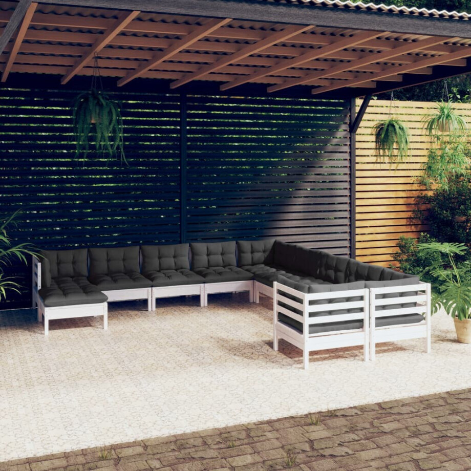 vidaXL 11-delige Loungeset met kussens grenenhout wit afbeelding 1