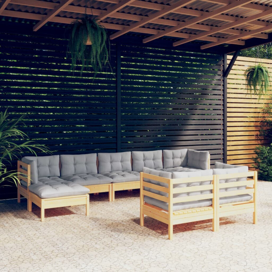 vidaXL 9-delige Loungeset met grijze kussens massief grenenhout afbeelding 1