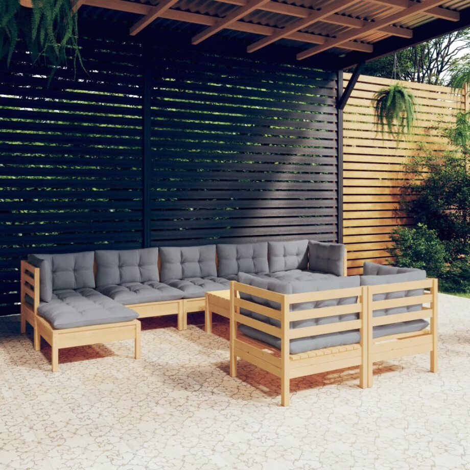 vidaXL 10-delige Loungeset met grijze kussens massief grenenhout afbeelding 1
