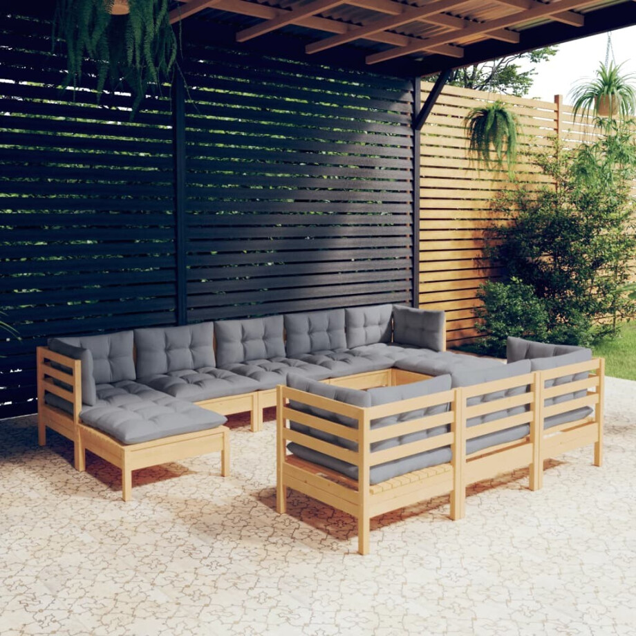 vidaXL 10-delige Loungeset met grijze kussens massief grenenhout afbeelding 1