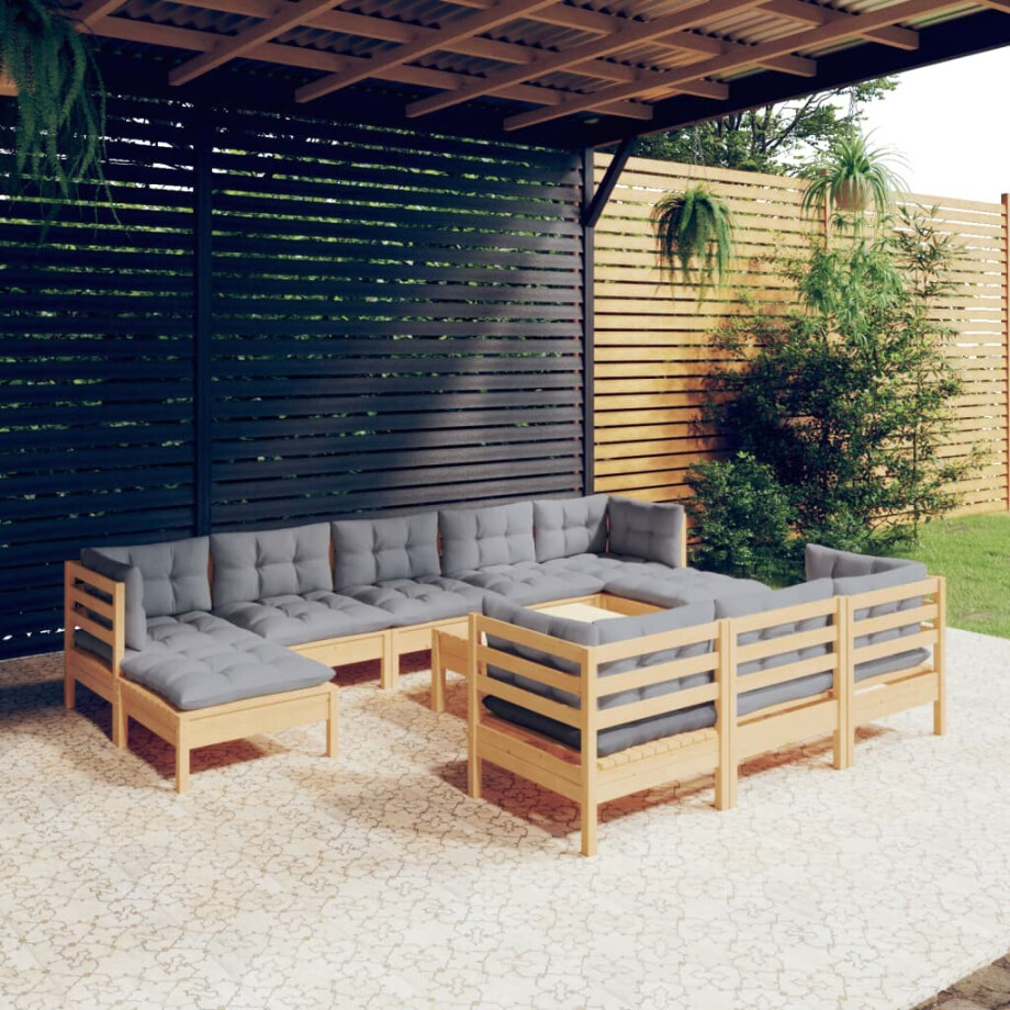 vidaXL 11-delige Loungeset met grijze kussens massief grenenhout vidaXL 11-delige Loungeset met grijze kussens massief grenenhout afbeelding 1