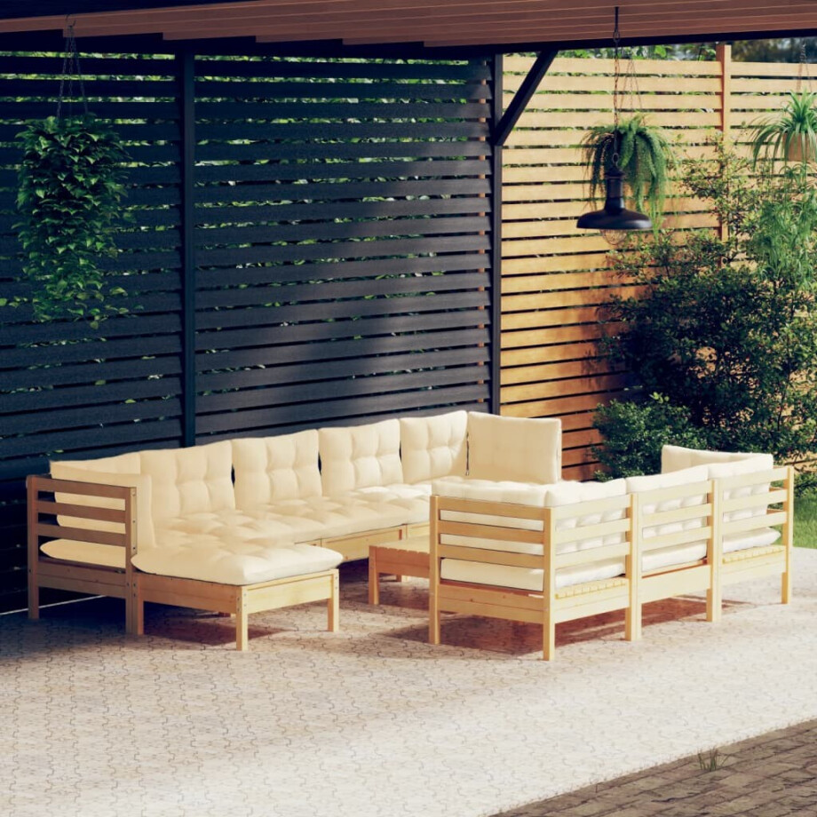 vidaXL 11-delige Loungeset met crèmekleurig kussens massief grenenhout vidaXL 11-delige Loungeset met crèmekleurig kussens massief grenenhout afbeelding 1