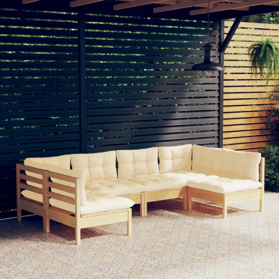 vidaXL 6-delige Loungeset met crèmekleurige kussens massief grenenhout vidaXL 6-delige Loungeset met crèmekleurige kussens massief grenenhout afbeelding 1