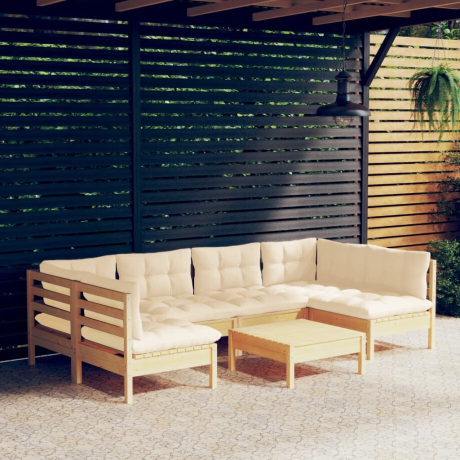 vidaXL 7-delige Loungeset met crèmekleurige kussens massief grenenhout vidaXL 7-delige Loungeset met crèmekleurige kussens massief grenenhout afbeelding 1
