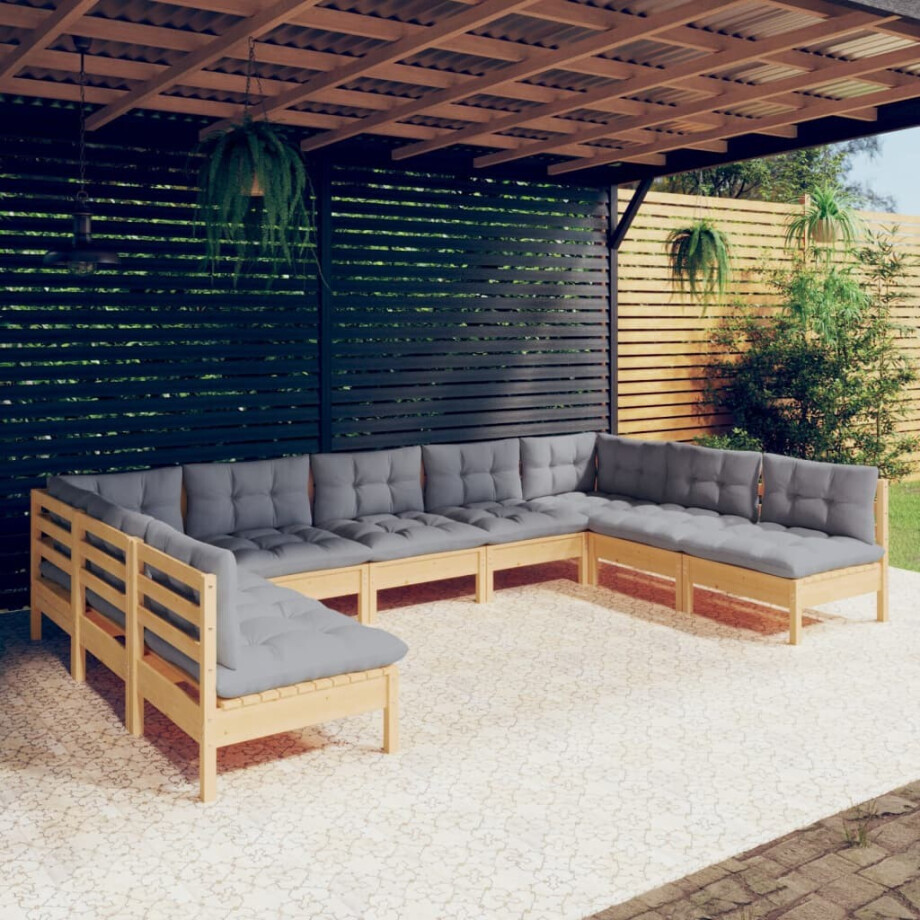 vidaXL 9-delige Loungeset met grijze kussens massief grenenhout afbeelding 1
