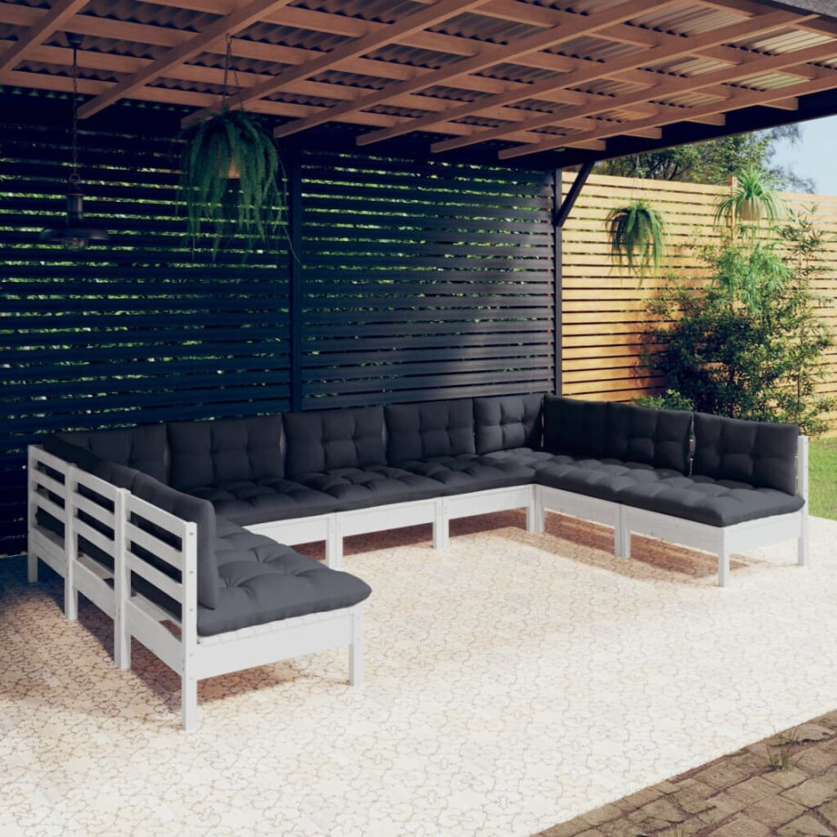 vidaXL 9-delige Loungeset met kussens massief grenenhout wit afbeelding 1