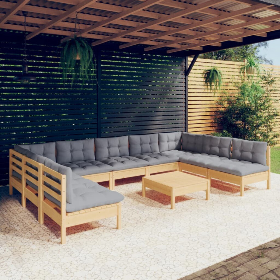 vidaXL 10-delige Loungeset met grijze kussens massief grenenhout afbeelding 1