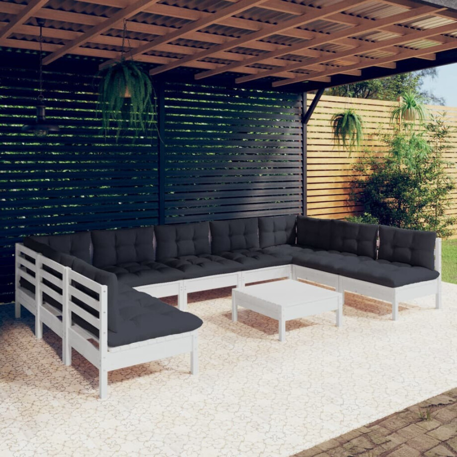 vidaXL 10-delige Loungeset met kussens massief grenenhout wit afbeelding 1