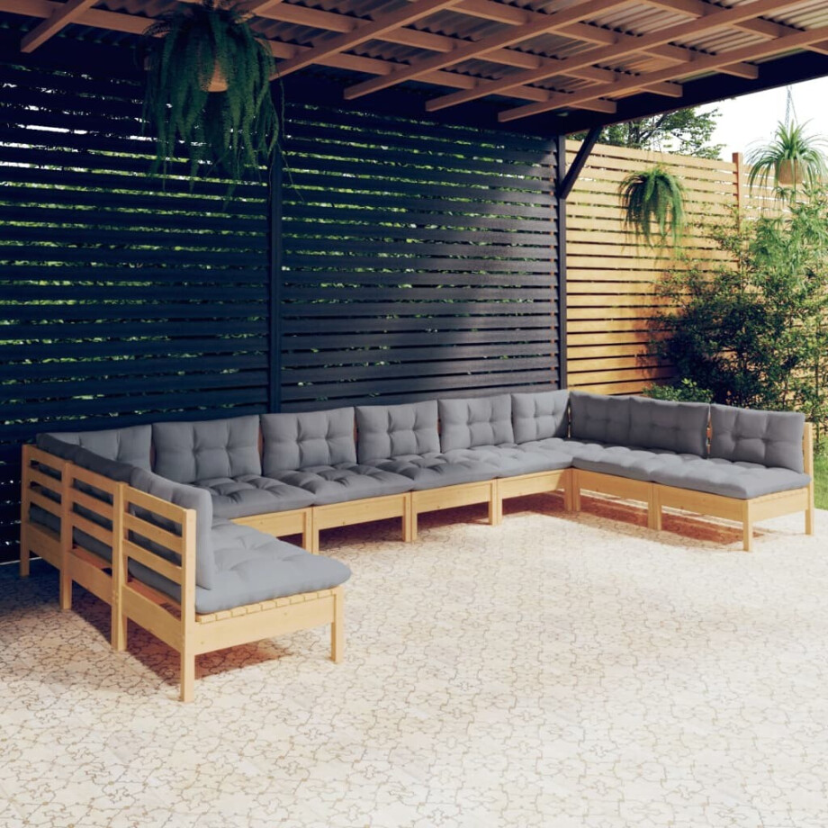 vidaXL 10-delige Loungeset met grijze kussens massief grenenhout vidaXL 10-delige Loungeset met grijze kussens massief grenenhout afbeelding 1