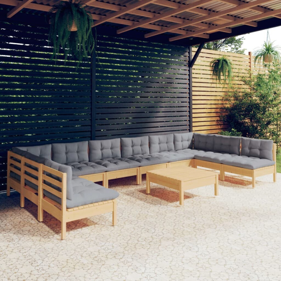 vidaXL 11-delige Loungeset met grijze kussens massief grenenhout vidaXL 11-delige Loungeset met grijze kussens massief grenenhout afbeelding 1