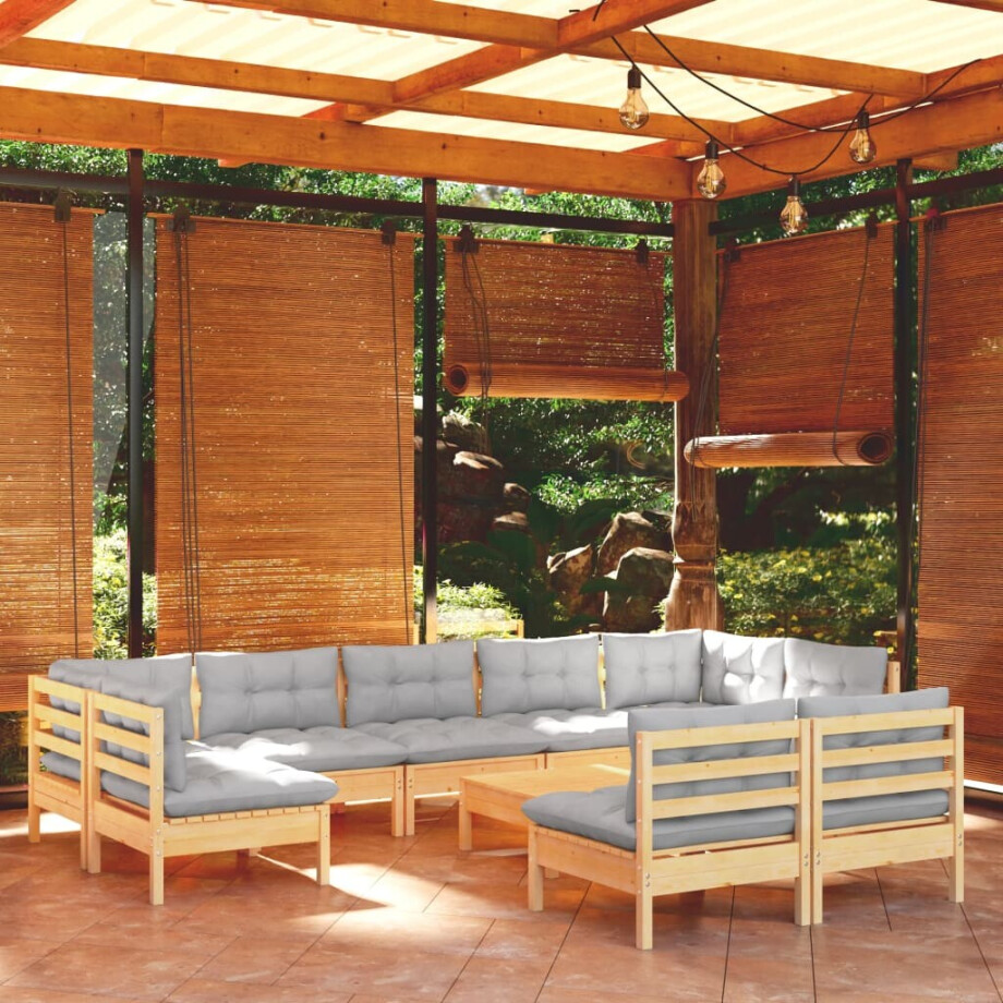 vidaXL 10-delige Loungeset met grijze kussens massief grenenhout afbeelding 1