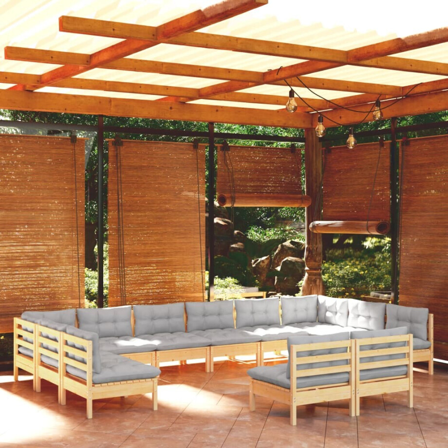 vidaXL 12-delige Loungeset met grijze kussens massief grenenhout vidaXL 12-delige Loungeset met grijze kussens massief grenenhout afbeelding 1