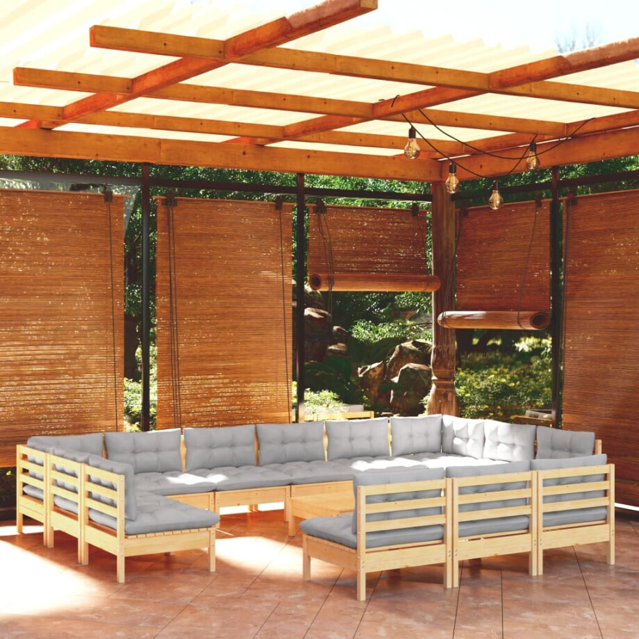 vidaXL 14-delige Loungeset met grijze kussens massief grenenhout afbeelding 1
