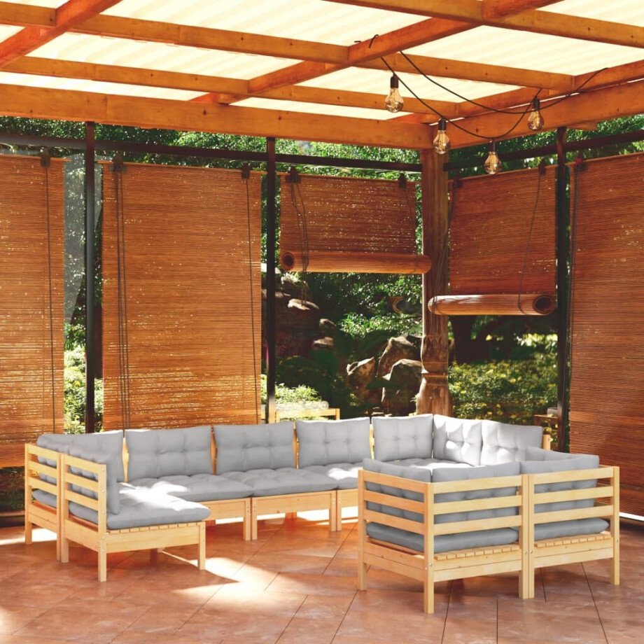 vidaXL 9-delige Loungeset met grijze kussens massief grenenhout afbeelding 1
