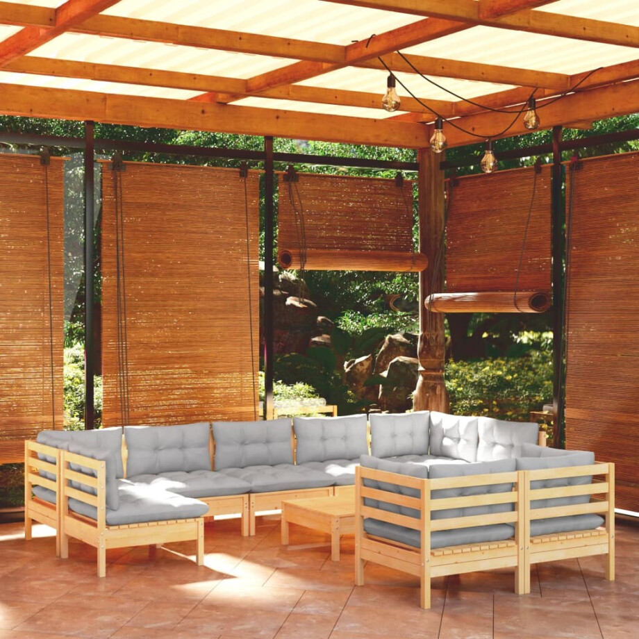 vidaXL 10-delige Loungeset met grijze kussens massief grenenhout afbeelding 1