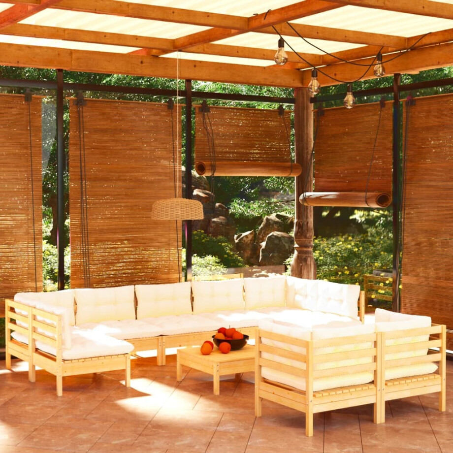 vidaXL 10-delige Loungeset met crèmekleurige kussens grenenhout afbeelding 1