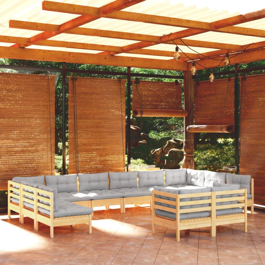 vidaXL 12-delige Loungeset met grijze kussens massief grenenhout afbeelding 1
