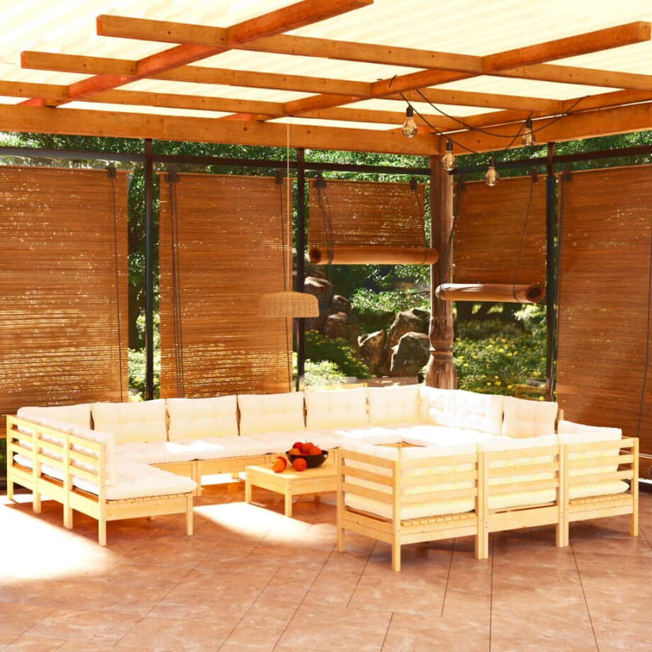 vidaXL 14-delige Loungeset met crèmekleurige kussens grenenhout afbeelding 1