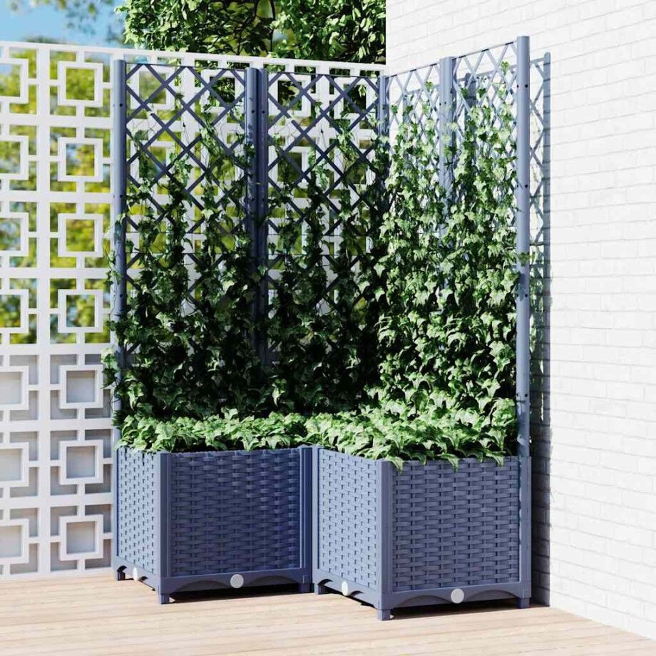 vidaXL Plantenbak met latwerk 80x80x136 cm polypropeen blauwgrijs afbeelding 1