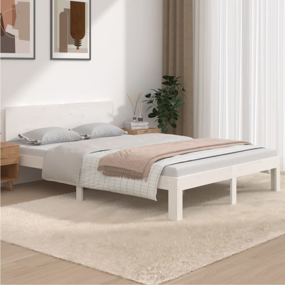 vidaXL Bedframe massief hout wit 135x190 cm vidaXL Bedframe massief hout wit 135x190 cm afbeelding 1