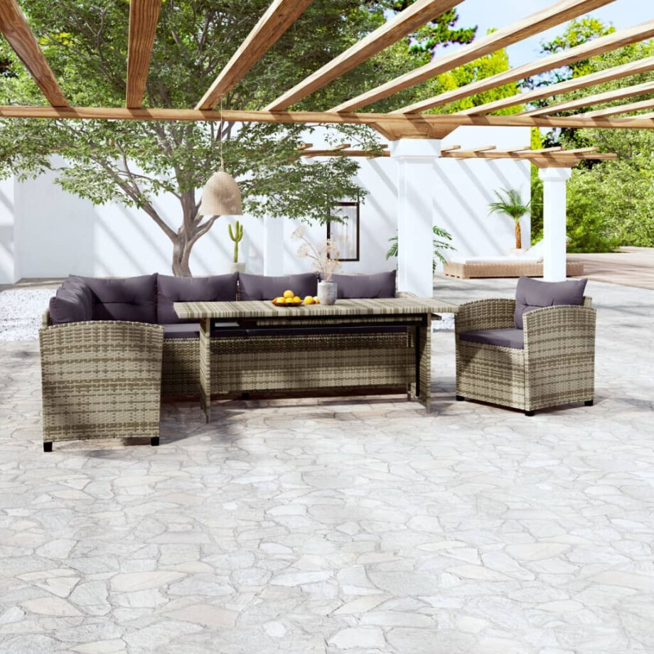 vidaXL 3-delige Loungeset met kussens poly rattan grijs afbeelding 1