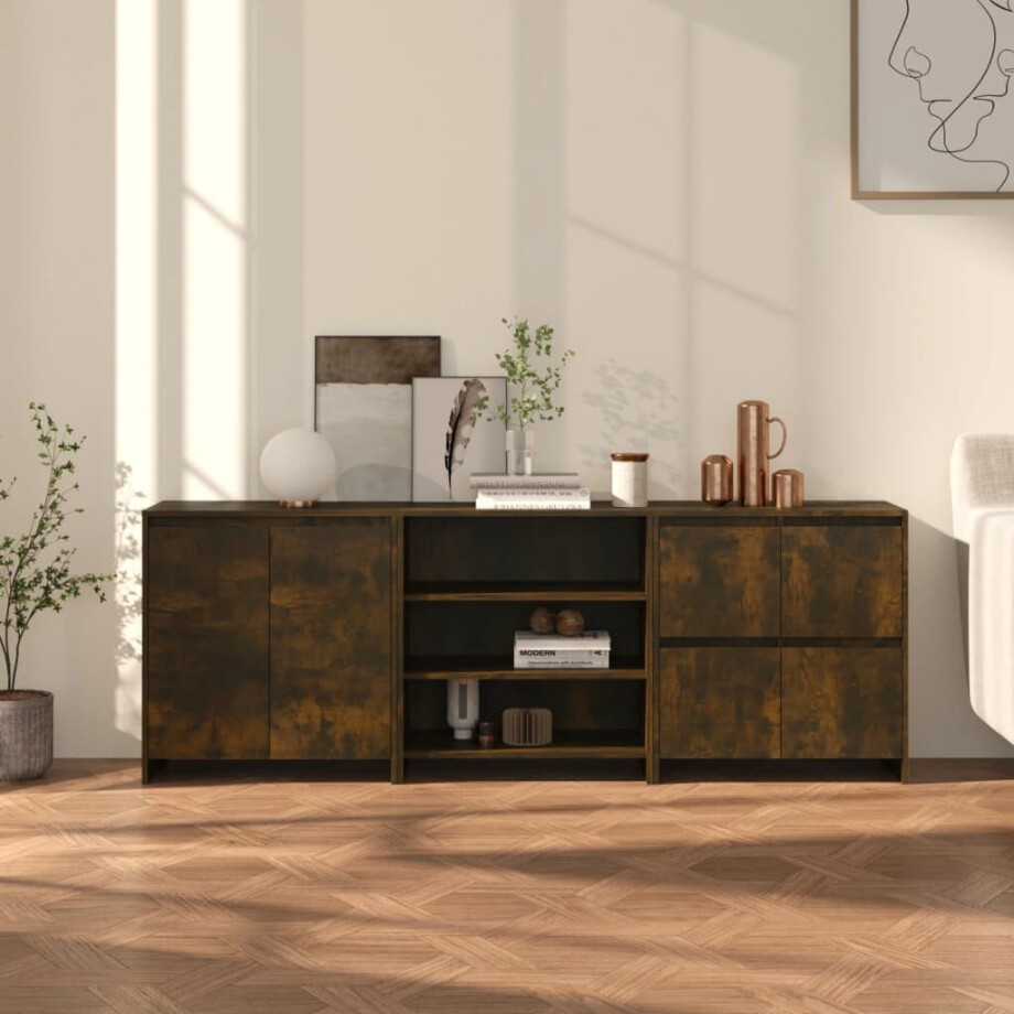 vidaXL 3 st Dressoirs bewerkt hout gerookt eikenkleurig afbeelding 1