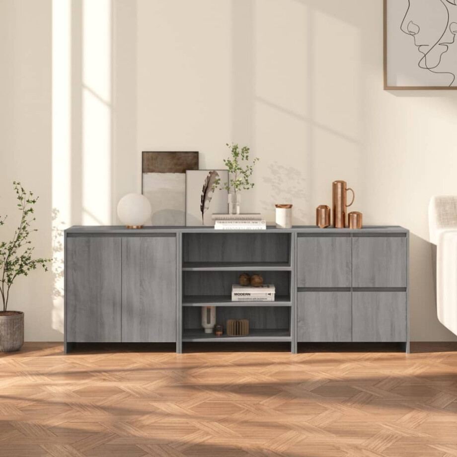 vidaXL 3 st Dressoirs bewerkt hout grijs sonoma eikenkleurig afbeelding 1